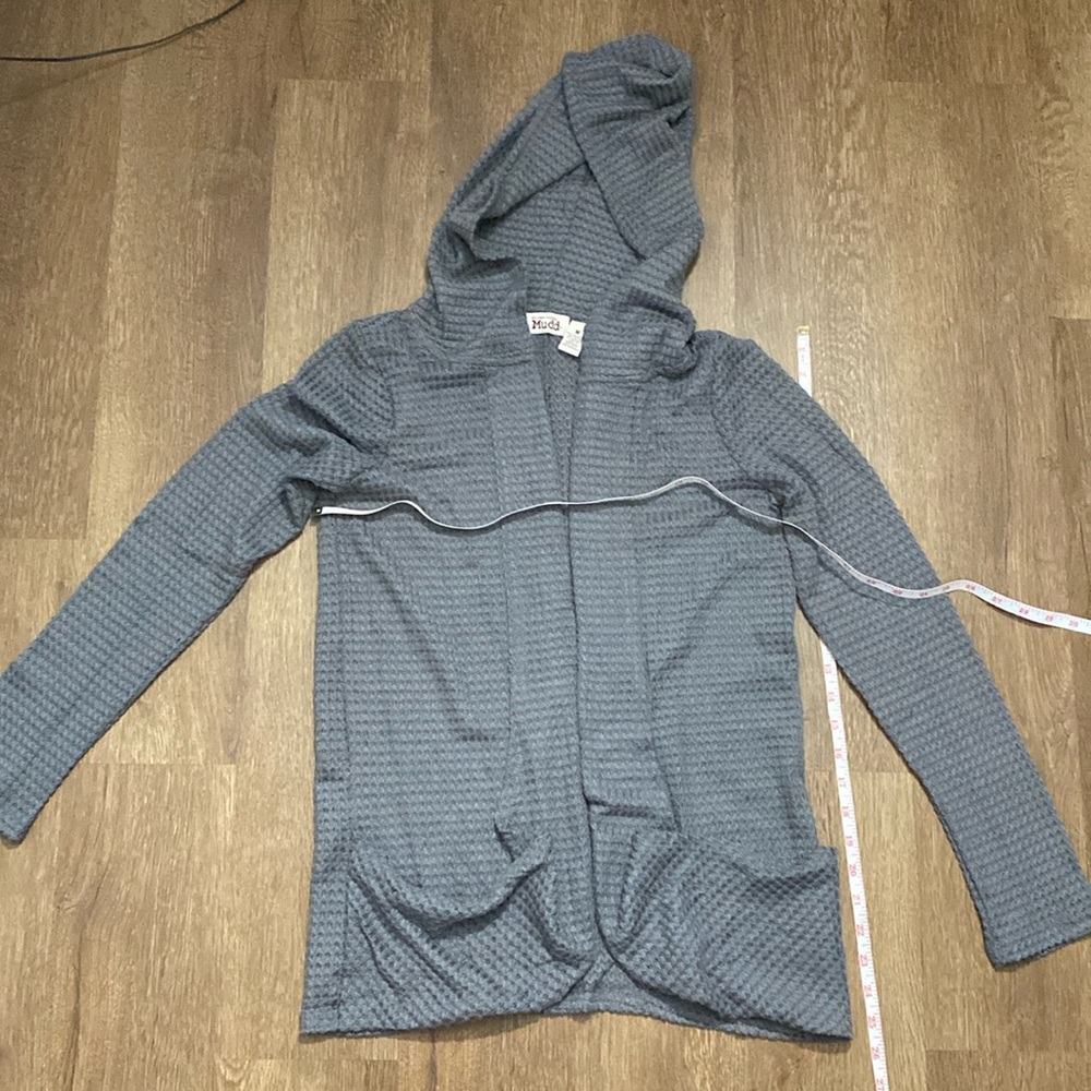 Mudd Thermal Pattern Woven Open Front grey Cardigan with Pockets and Hoodie med